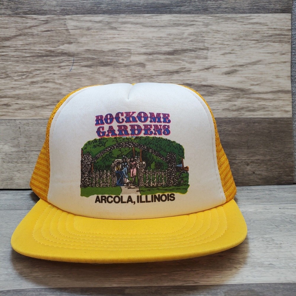 Vintage Rockome Gardens Trucker Hat Arcola, IL EUC - RARE - Yellow Snapback